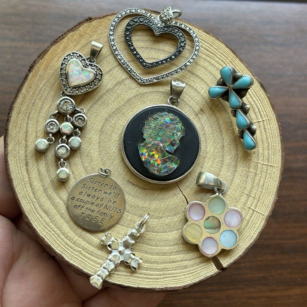 Lot 7 Sterling Silver 925 Pendant Opal Cameo Marcasite Cross faux Turquoise